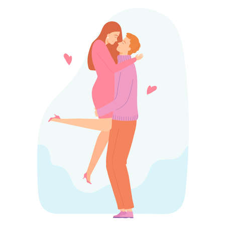 Happy romantic couple. Man Picking Woman Up. Romantic hug. Valentines Day concept. Vector illustration for banners, posters, postcard. Cartoon style characters.のイラスト素材