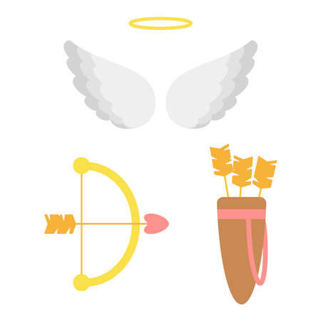 A collection of items for Cupid. Nimbus, wings, bow, arrows, quiver of arrows isolated on white background. Vector illustration in cartoon style. Flat styleのイラスト素材