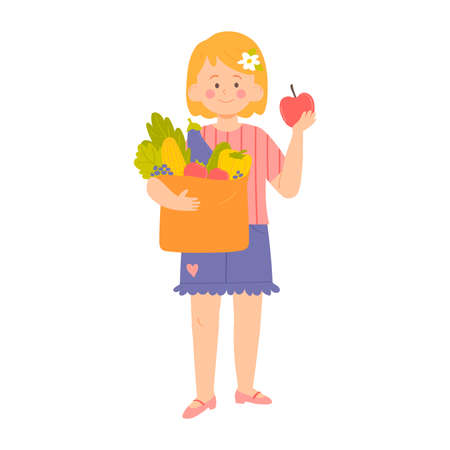 Little girl with a package of healthy food. Healthy eating concept. Vector illustration for banners, posters, postcard. Cartoon style character.のイラスト素材