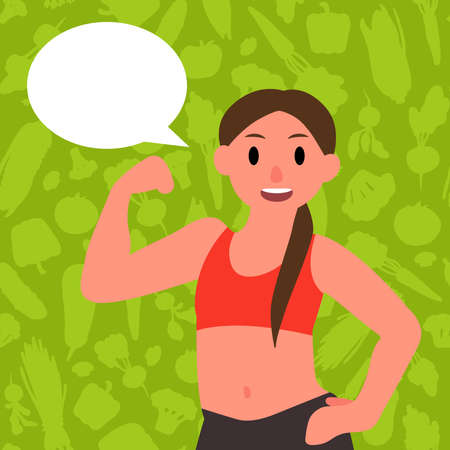 Athletic girl shows biceps. Comics. Vector illustration in flat styleのイラスト素材