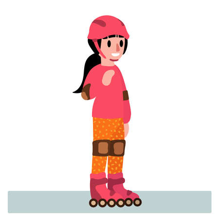 Cheerful girl with black hair rides on the rollers. Active pastime. Vector illustrationのイラスト素材