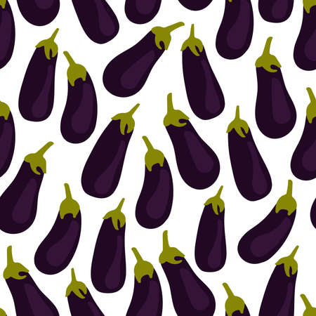 Eggplant seamless pattern on white background. Fresh vegetables. Vector illustration in flat styleのイラスト素材