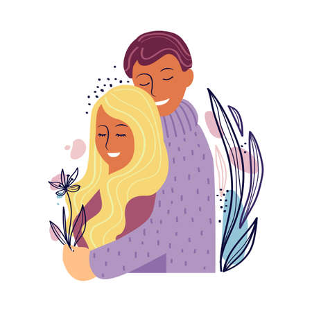 Happy couple of young people hugging. Isolated on white background. vectorのイラスト素材