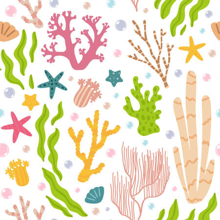 Coral seamless pattern. Sea plants on a white background. Vector illustration in flat styleのイラスト素材