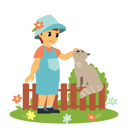 child and cat on the street in the village isolated on white background vectorのイラスト素材