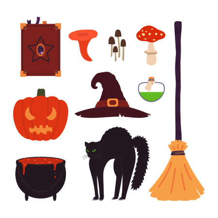 Halloween items set isolated on white background. Vector illustration in cartoon style.のイラスト素材