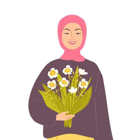Portrait of a beautiful Muslim woman with a bouquet of flowers. Female character on a dark background. International Women's Day. Vector illustration in flat styleのイラスト素材