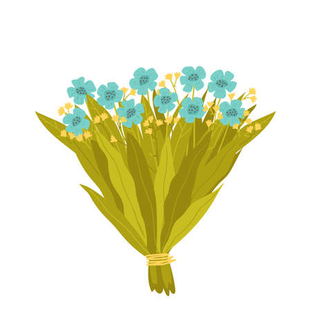 A bouquet of wild blooming flowers. Floral decorative composition isolated on white background. Vector illustration in flat styleのイラスト素材