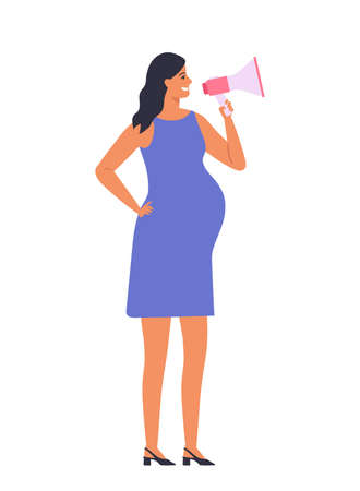 Pregnant brunette woman talking into megaphone. loudspeaker in her hands. Female character isolated on white background.Vector illustration in flat styleのイラスト素材