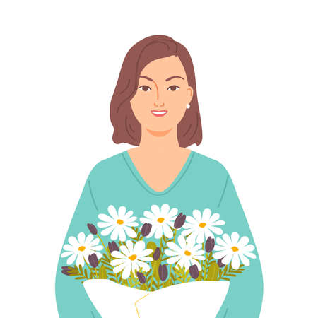Portrait of a beautiful woman with a bouquet of flowers. Female character on a white background. International Women's Day. Vector illustration in flat styleのイラスト素材