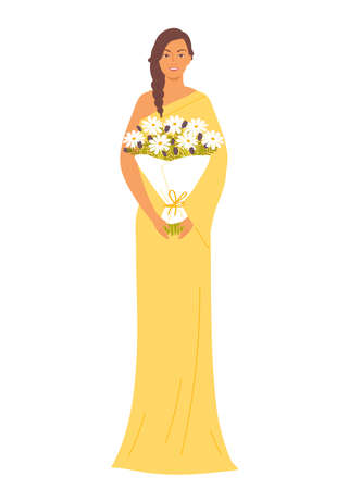 Beautiful Indian woman with a bouquet of flowers. Female character isolated on white background. International Women's Day. Vector illustration in flat styleのイラスト素材