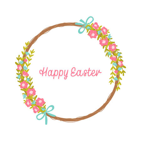 Happy Easter wreath of flowers and leaves isolated on a white background. Vector illustration in the style of hand drawn flatのイラスト素材