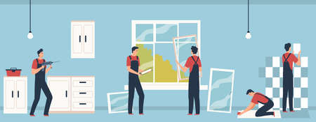 Group of repairmen doing renovation in the house. Cartoon workers are drilling the wall, installing windows, laying tiles. Vector illustration in flat style.のイラスト素材