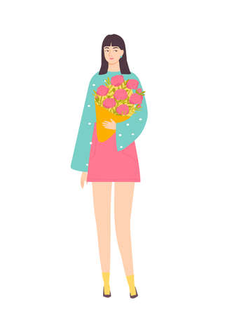 Beautiful Asian woman with a bouquet of flowers. Female character isolated on white background. International Womens Day. Vector illustration in flat style.のイラスト素材