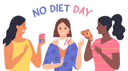 Three different women with food. Body positive. International No diet day. Happy characters on white background. Vector illustration in flat style.のイラスト素材