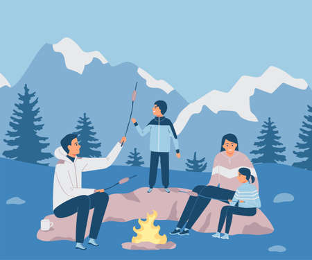 Happy family in the mountains. Father, mother and children. Vacation in nature. Camping. Vector illustration in flat styleのイラスト素材