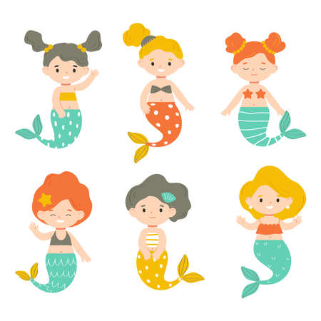 Set of little mermaids isolated on white background. Cute character. Vector illustration for children in flat style.のイラスト素材