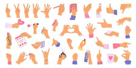 Big set of hands Isolated on white background. Collection of various gestures. Vector illustration in flat style.のイラスト素材