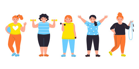 Group of women doing sports exercises. Characters isolated on white background. Vector illustration in flat styleのイラスト素材