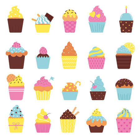 Set of cute cupcakes isolated on white background. Vector illustration in flat style.のイラスト素材