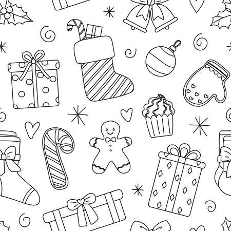 Christmas seamless pattern in doodle style. Vector illustration on white backgroundのイラスト素材