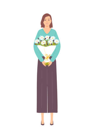 Beautiful woman with a bouquet of flowers. Female character isolated on white background. International Women's Day. Vector illustration in flat styleのイラスト素材
