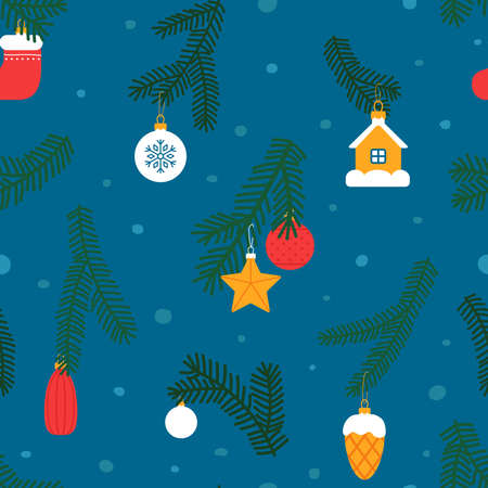 Christmas seamless pattern in flat style. Vector illustration on blue background.のイラスト素材