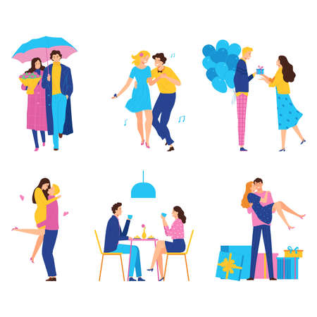 Happy romantic couple on a date. A set of characters. Valentines Day concept. Vector illustration for banners, posters, postcard. Flat style characters.のイラスト素材