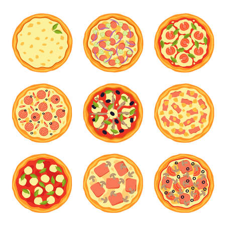 Set of traditional Italian pizzas isolated on white background. Different ingredients. Vector illustration in flat styleのイラスト素材