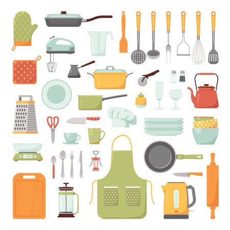 Set of kitchen tools isolated on white background. Kitchenware collection.Cartoon Vector Illustrationのイラスト素材