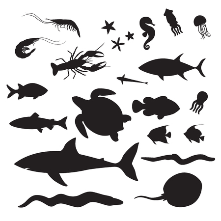 Sea Life Underwater Inhabitants Silhouettesのイラスト素材
