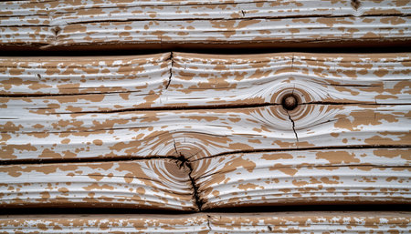 "Aged pine wood surface with knots, pale yellow tones, and a slightly cracked texture."の写真素材