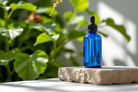 The bottle should have no label, no text, no logo, and no images or decorative elements on it Blue serum bottle with a black cap on a stone platform, green leaves in the background, soft natural lighting, aesthetic styleの写真素材