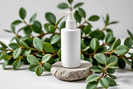 The bottle should have no label, no text, no logo, and no images or decorative elements on it Minimalist white pump bottle on smooth stone, surrounded by eucalyptus leaves, calming vibesの写真素材