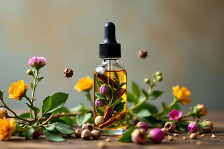 The bottle should have no label, no text, no logo, and no images or decorative elements on it Translucent dropper bottle with floating herbs, surreal botanical essence themeの写真素材
