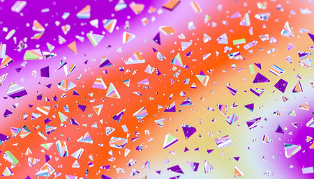 The image features a dynamic composition of small geometric shapes. They appear in varying sizes and...