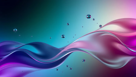 The image features flowing, translucent shapes against a colored background. Scattered throughout...