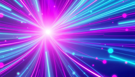 The image features streaks of color and circular shapes radiating from the center.