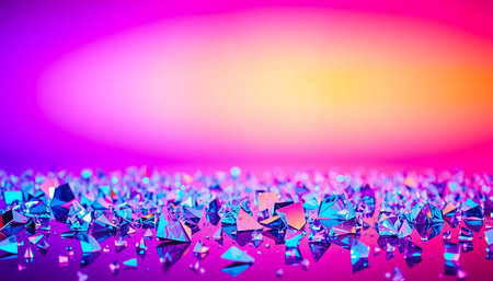 The image displays crystals on a surface with a blurred multicolored background.の写真素材