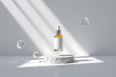 The bottle should have no label, no text, no logo, and no images or decorative elements on it Minimalist serum bottle floating in clean white space, abstract elegance, light shadowsの写真素材