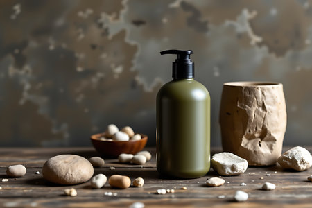 The bottle should have no label, no text, no logo, and no images or decorative elements on it Matte olive colored container with stone and bark elements, earthy masculine touchの写真素材