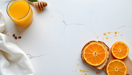 a close up image of sliced orange on a counter with a glass jar containing honey. the counter has crumbs, hinting at past use, and there's a white cloth in the background. the top section shows a toast with orange slices beside it, emphasizing freshness.の素材