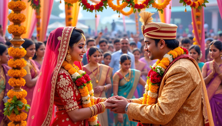 a vibrant depiction of a traditional indian wedding, featuring a bride in a red lehenga adorned with gold jewelry, surrounded by marigold garlands. the groom, in a sherwani, exchanges vows under a floral mandap, with a lively crowd in the background. the colorful, cultural scene is perfect for wedding, heritage, or festive visualsの素材