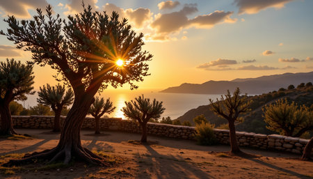 a serene depiction of a traditional cretan olive grove, with gnarled trees and stone walls under a golden sunset. the mediterranean sea and distant cliffs create a tranquil, picturesque scene, perfect for travel, agriculture, or nature visualsの素材