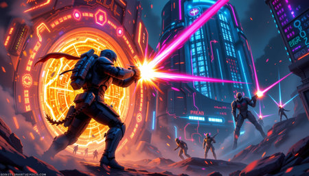 a dramatic illustration of a futuristic cyber warrior defending a glowing digital fortress from neon lit invaders. the vibrant armor and energy blasts create a thrilling scene, ideal for sci fi, action, or gaming visualsの素材
