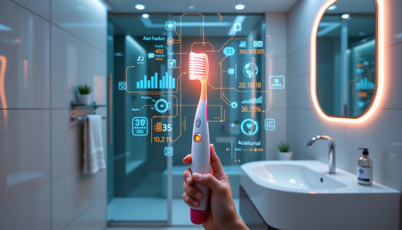 a futuristic depiction of a smart toothbrush glowing with holographic dental stats, with a user in a sleek bathroom. the vibrant interface and clean design add a techy vibe, perfect for tech, health, or lifestyle visualsの素材