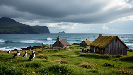 a serene depiction of a traditional faroese coastal village, with grass roofed houses and puffins under a stormy sky. the crashing waves and distant cliffs create a dramatic, tranquil scene, perfect for travel, nature, or maritime visualsの素材