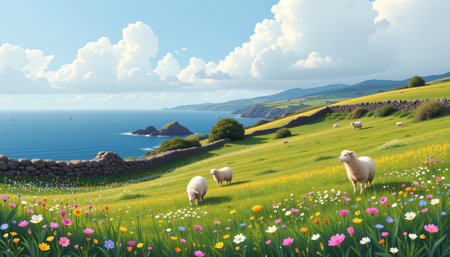 a serene illustration of a traditional welsh coastal meadow, with wildflowers and grazing sheep under a cloudy sky. the stone walls and distant sea create a tranquil, pastoral scene, perfect for travel, nature, or heritage visualsの素材