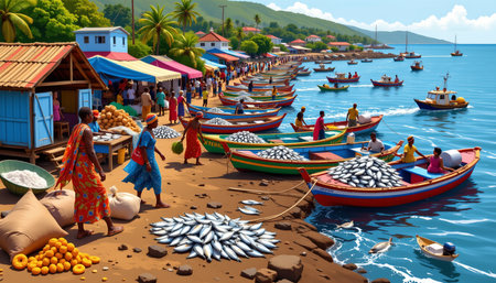a vibrant illustration of a traditional gambian fish market, with colorful boats unloading catches on a bustling riverbank. the vibrant attire and coastal backdrop add cultural richness, perfect for travel, food, or cultural visualsの素材