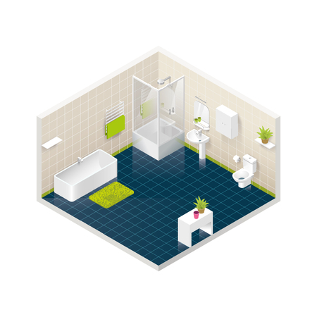Isometric Bathroom interior with shower. Isometric Bathroom interior. Isometric Water closet.のイラスト素材